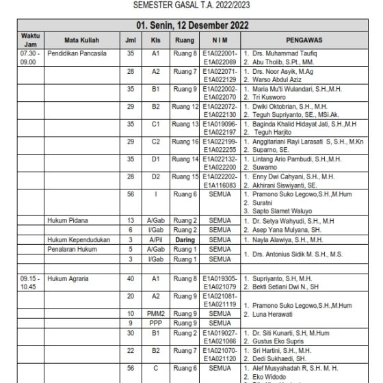 JADWAL UJIAN AKHIR SEMESTER SMT GASAL TA 2022 2023 Fakultas Hukum